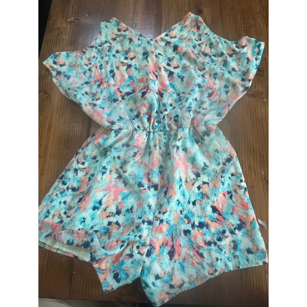 Decree Women Watercolor Abstract Print Surplice Romper Teal Peach Medium - Picture 6 of 6